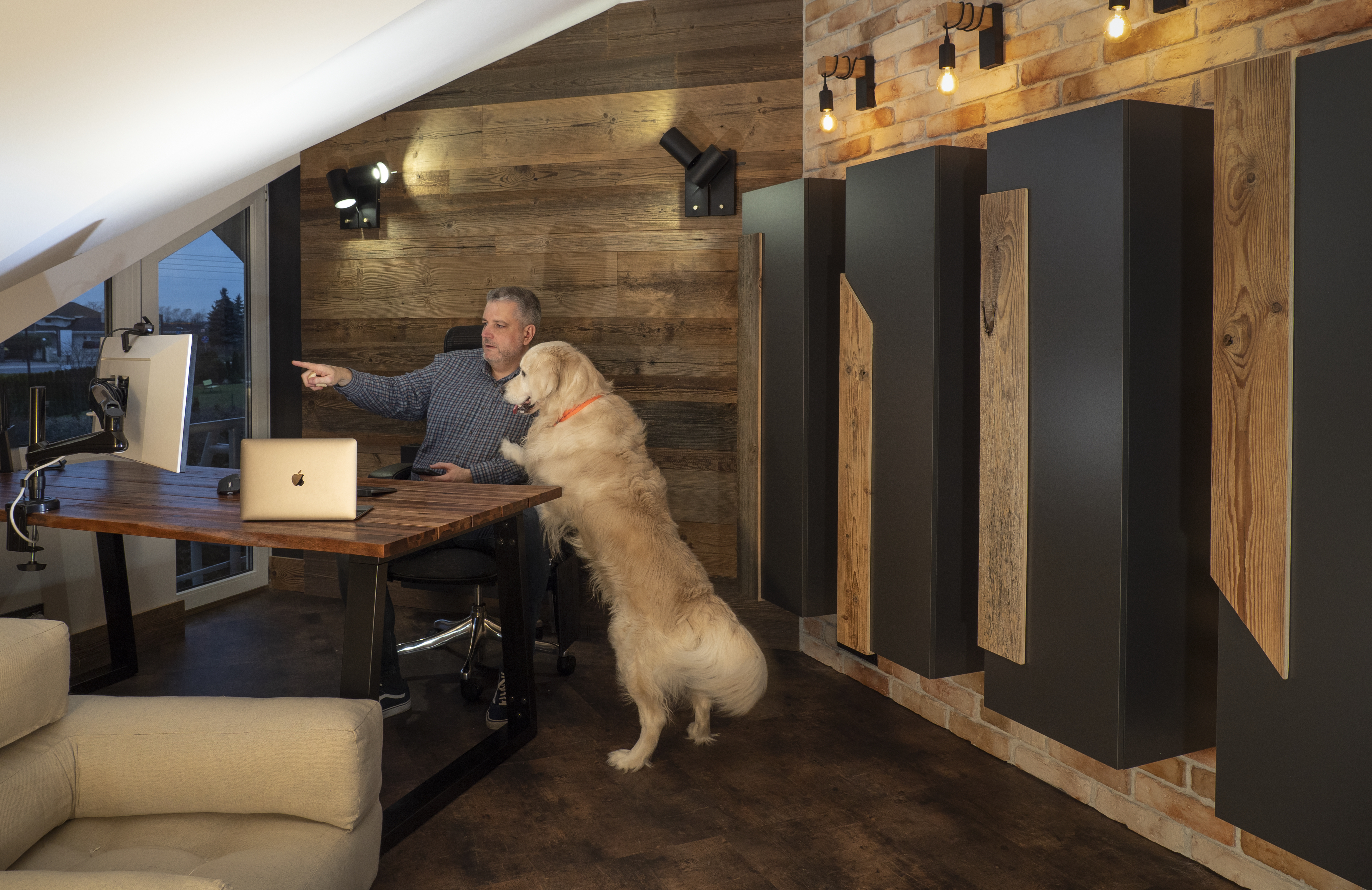 Developer pointing at a screen to a Golden Retriever.