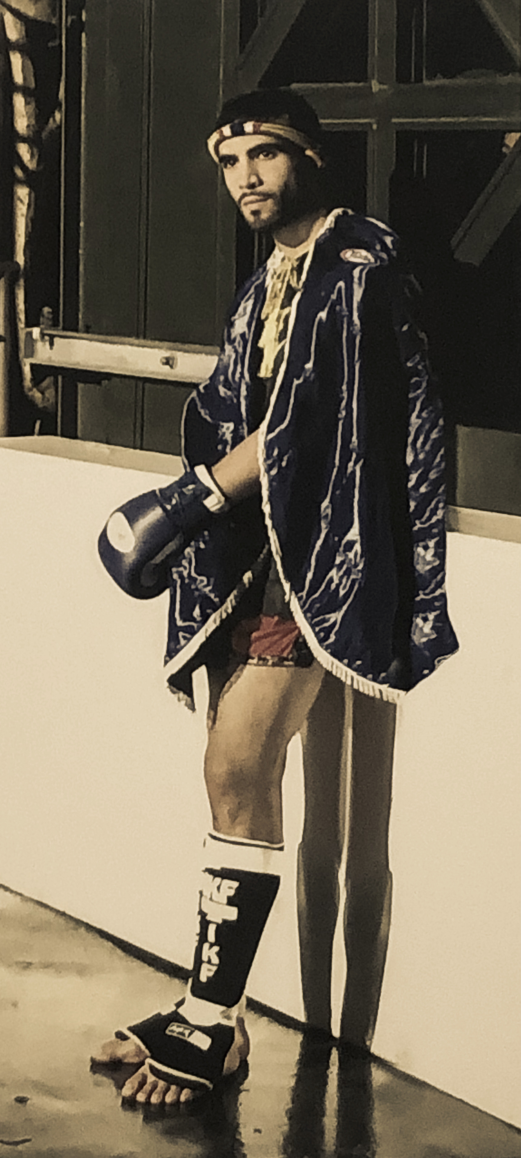 kickboxing outfit robe and headband with shinguards and gloves